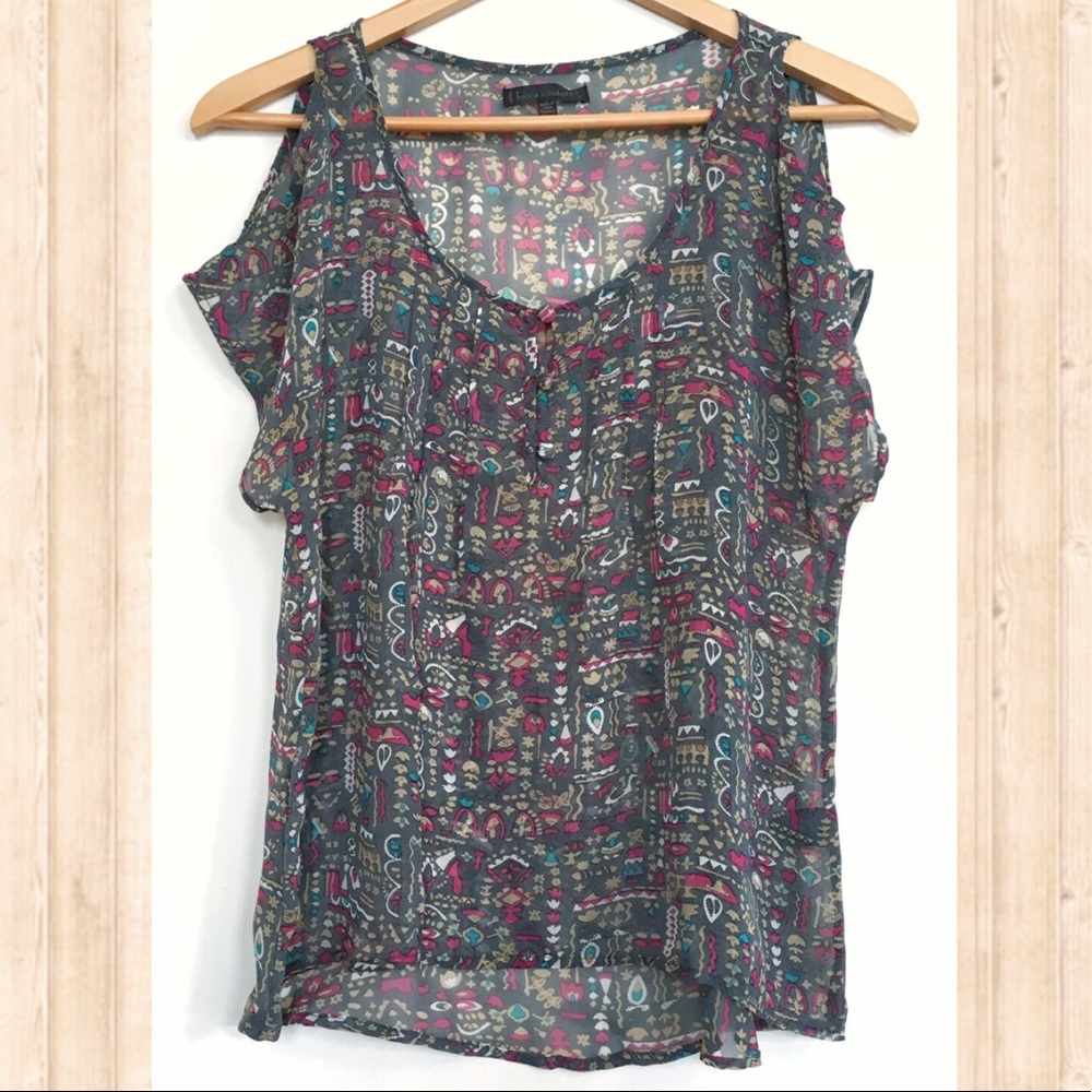 Lucca Couture cold shoulder semi sheer print top